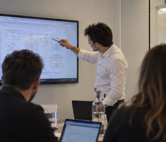 Léo Roussel devant un écran, expliquant un schéma de flux à une équipe.
